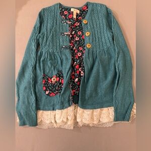 Matilda Jane Teal and Floral Cardigan with Lace Trim